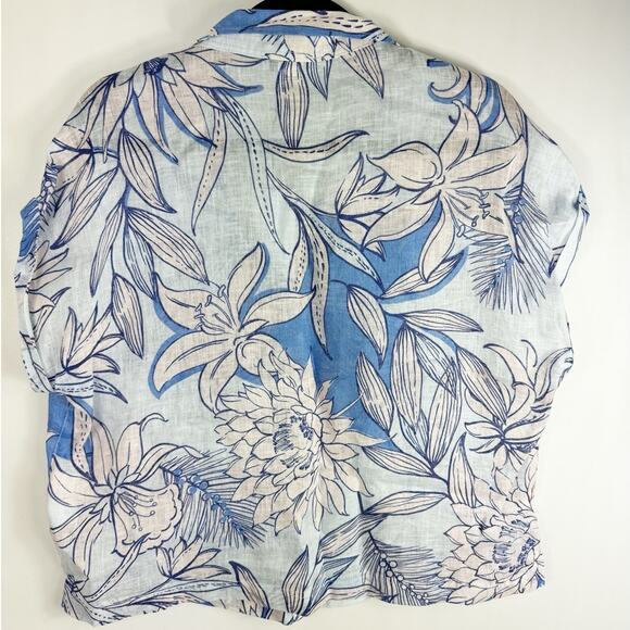 H by Halston Womens Button Down Linen Shirt Blue White Floral Medium - Picture 5 of 5